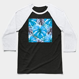 Blue Monstera Tropical Leaves Baseball T-Shirt